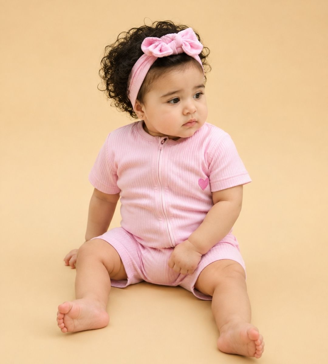 Ribbed Zip Romper – Blush Pink