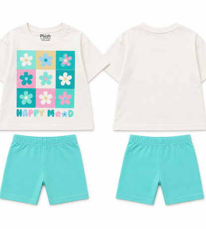 2-Piece Pastel Flowers oversized shirt and bike shorts set