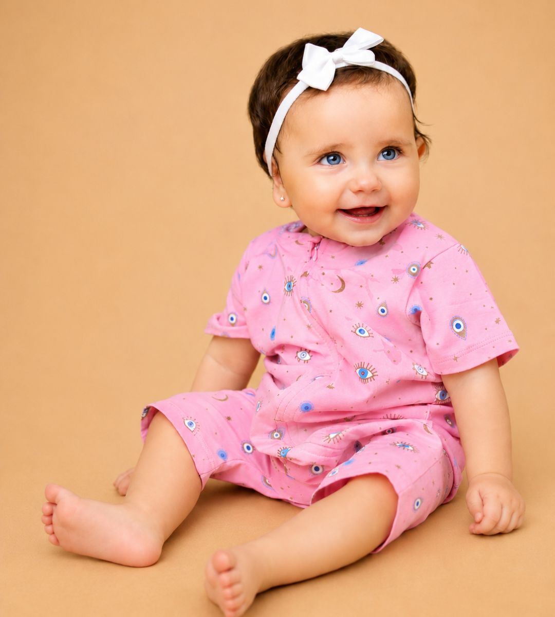 Evil eye pink zip-up romper