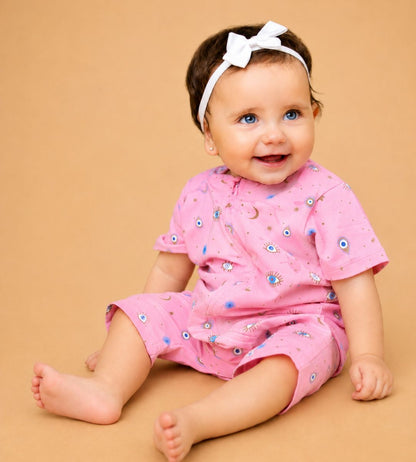 Evil eye pink zip-up romper