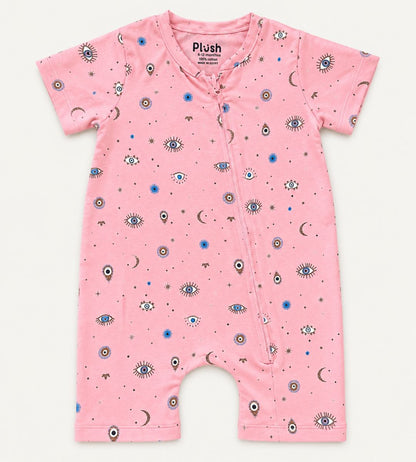Evil eye pink zip-up romper